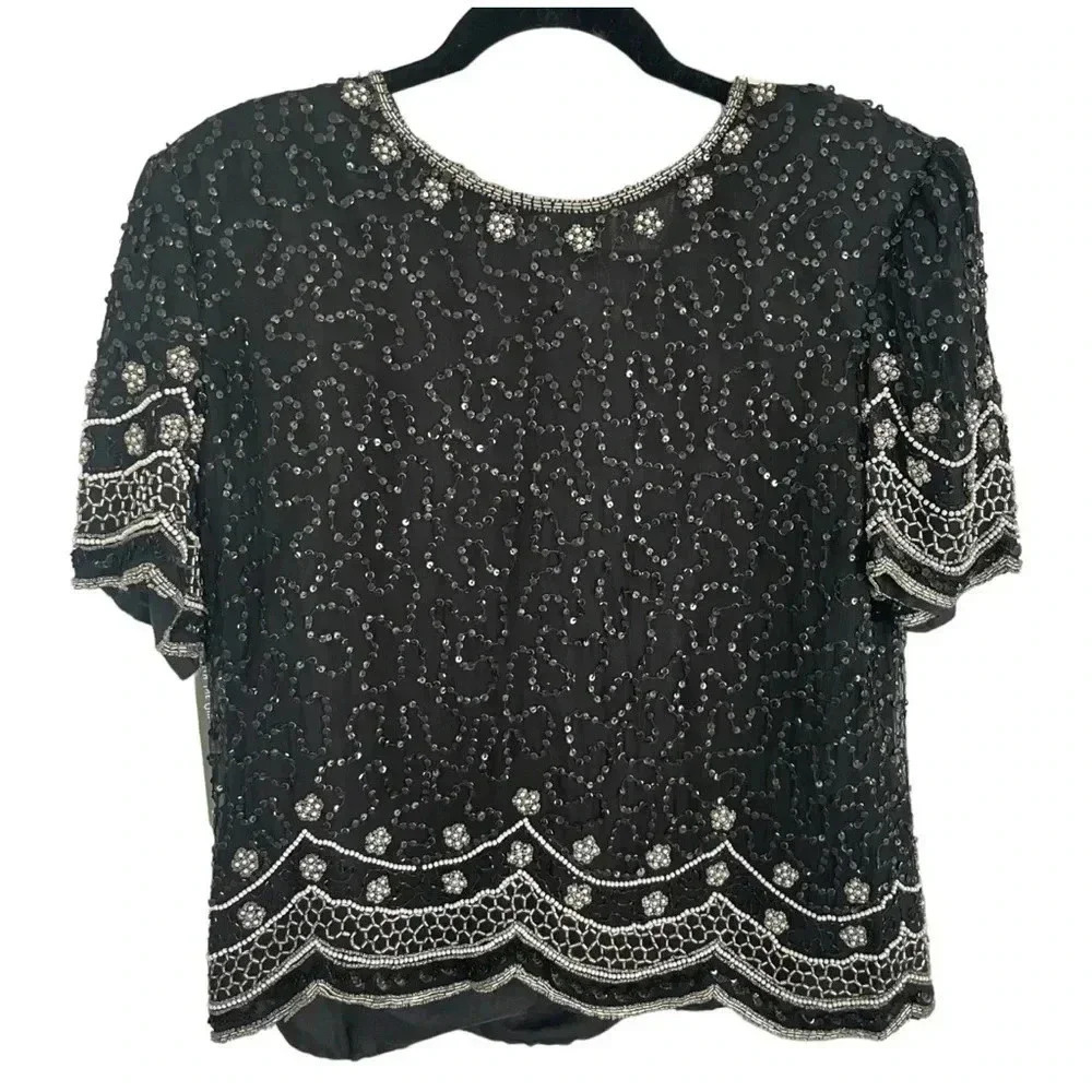 Vintage Beaded Black Blouse Short Sleeve Silk